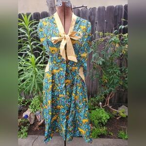 Heart Of Haute Vibrant Blue and Yellow Cat Safari Print Midi Dress
